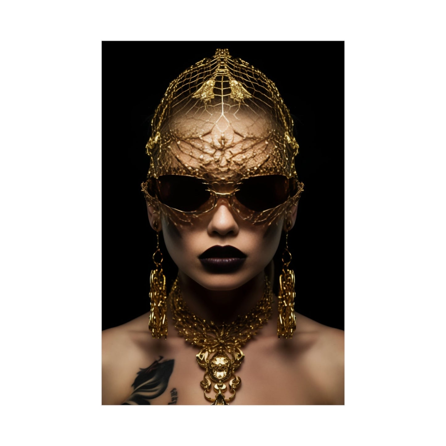 A woman wearing a gold mask and black lipstick