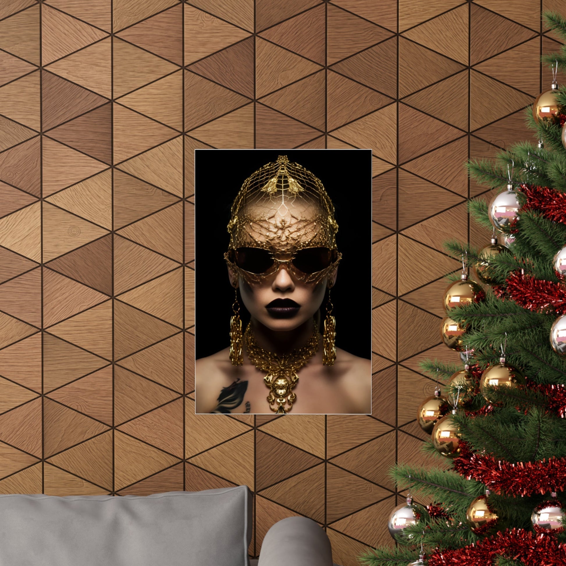 A christmas tree with a picture of a woman in a gold mask