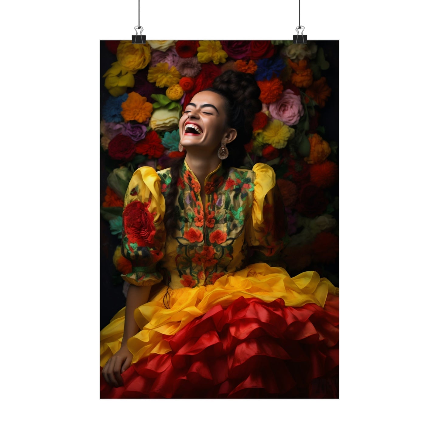 A joyful woman in colorful traditional clothing laughing exuberantly.