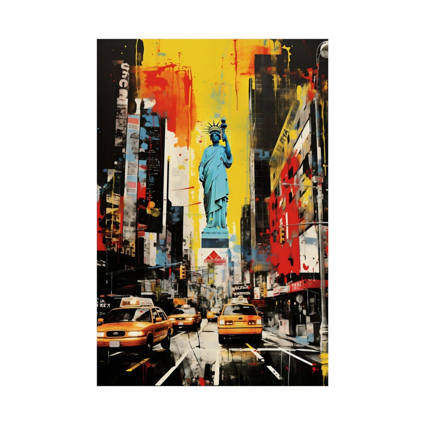 Statue of Liberty standing amid a colorful, stylized New York City street scene.