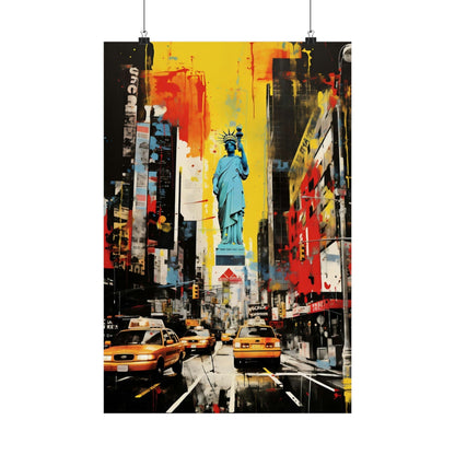 Colorful abstract painting of the Statue of Liberty amid a bustling New York City street scene.