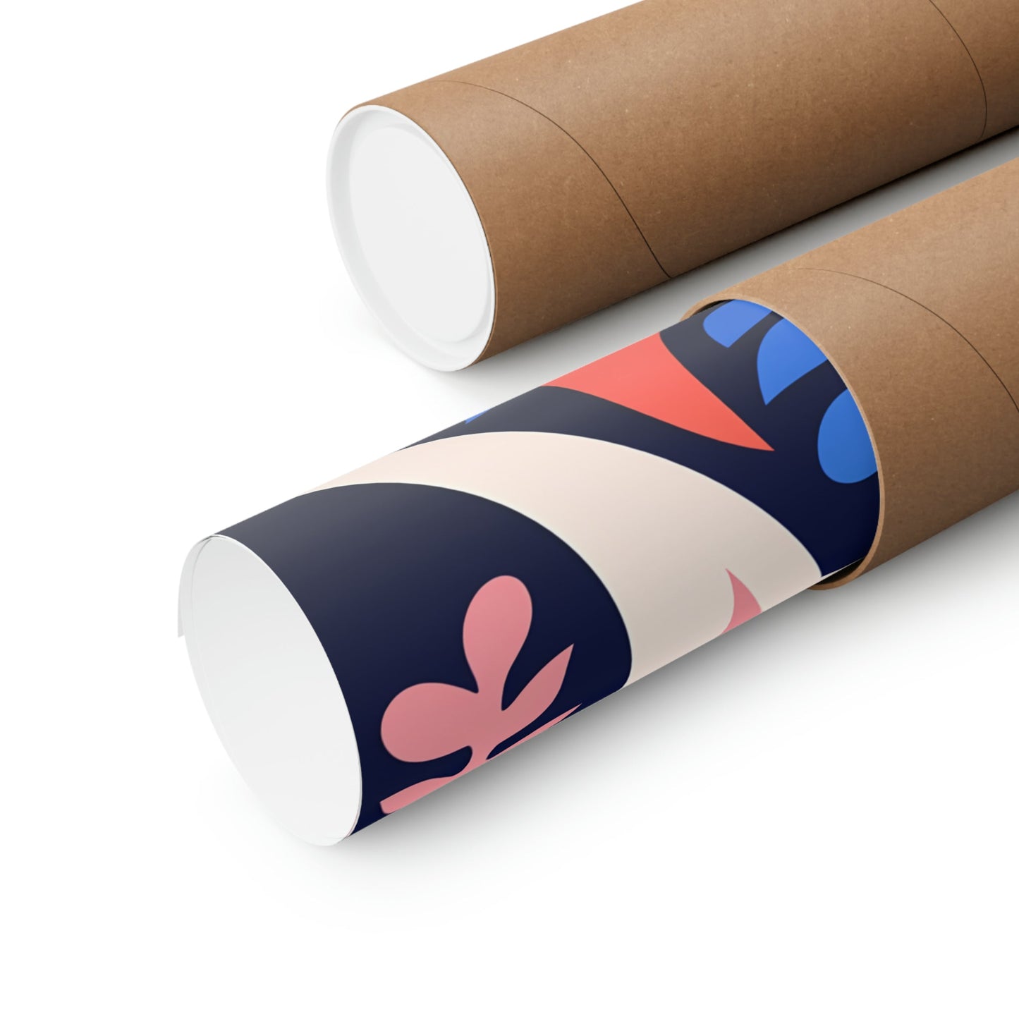 Two rolls of brown paper with a colorful pattern