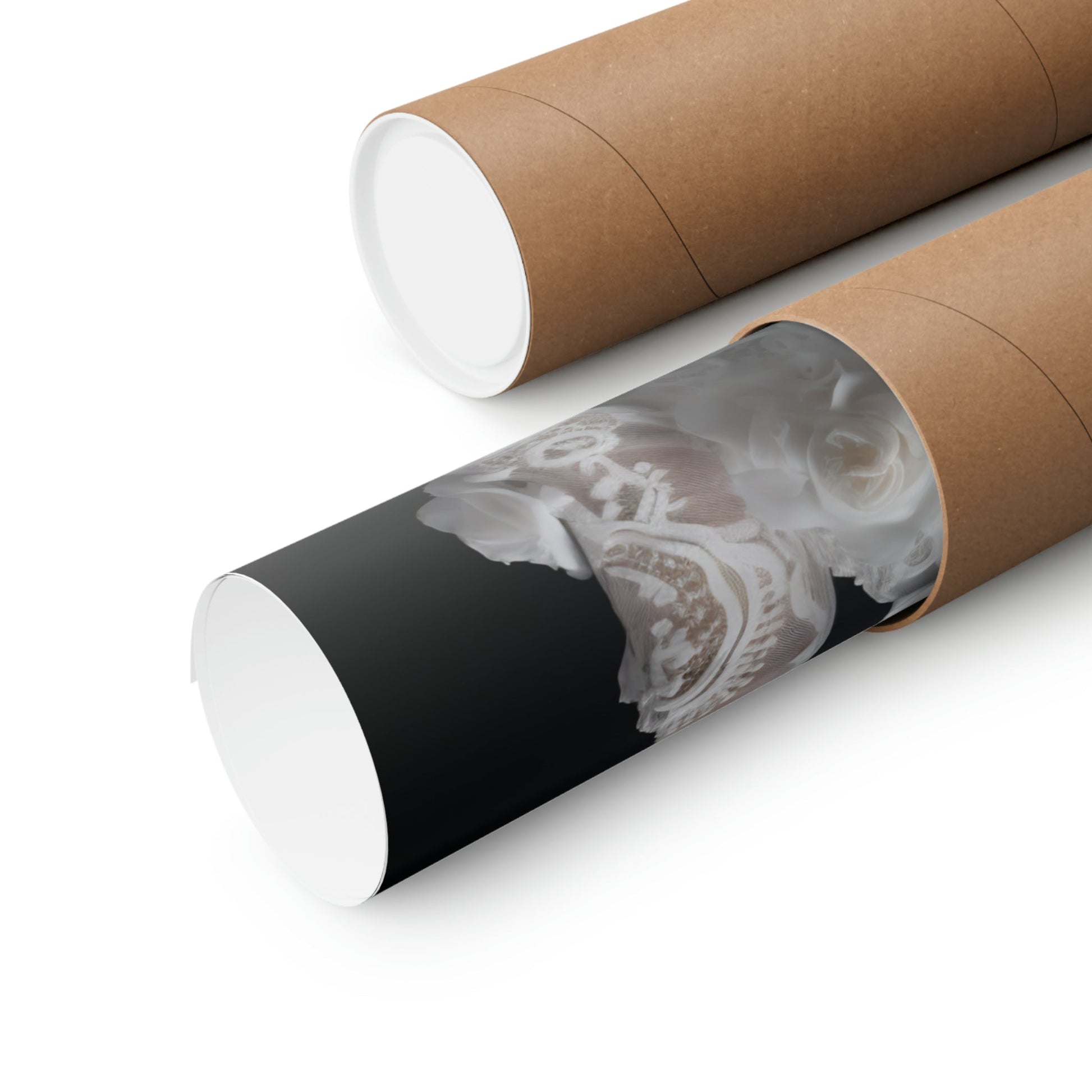 Two rolls of brown paper with a skull on it