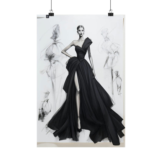 Elegant black evening gown with a plunging neckline and dramatic layered skirt.