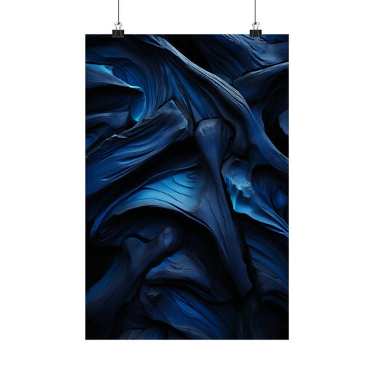 Abstract artwork featuring swirling, fluid shapes in deep blue tones.