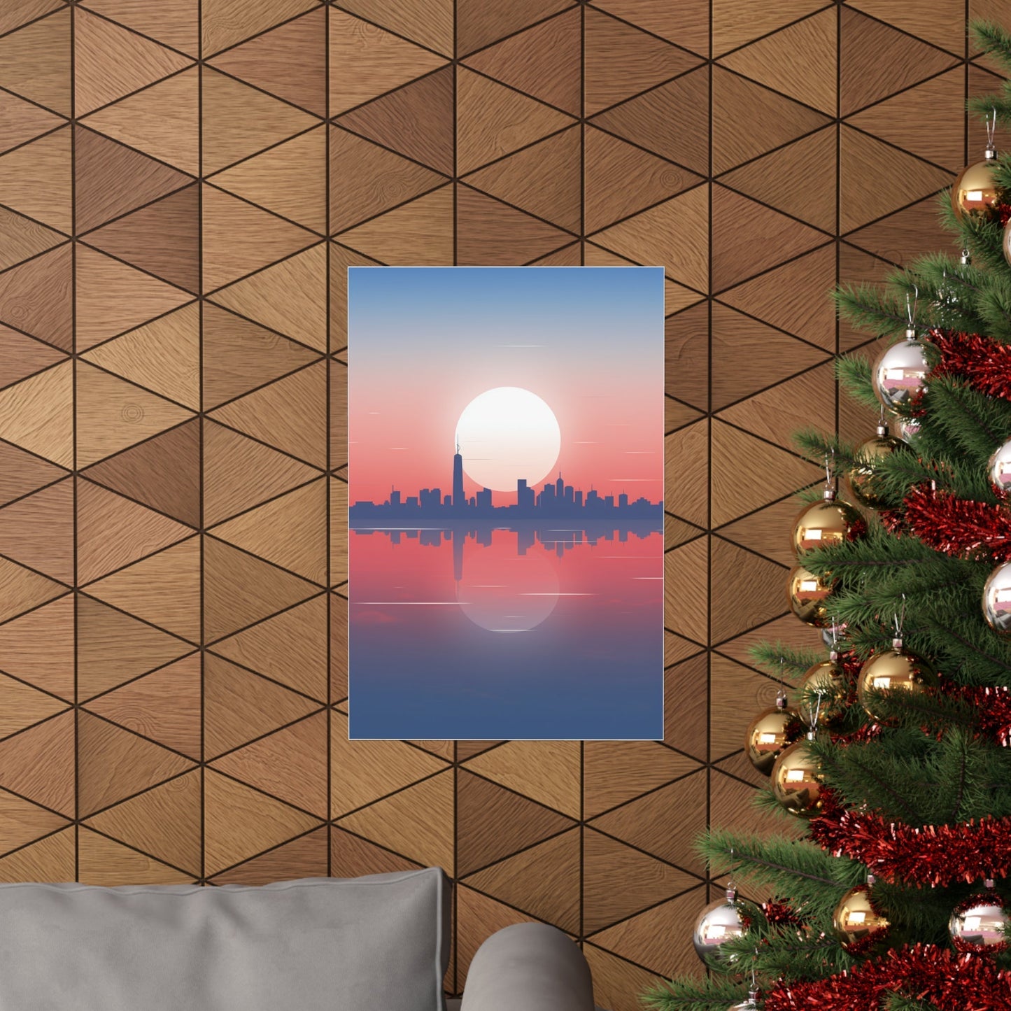 A christmas tree with a city skyline in the background