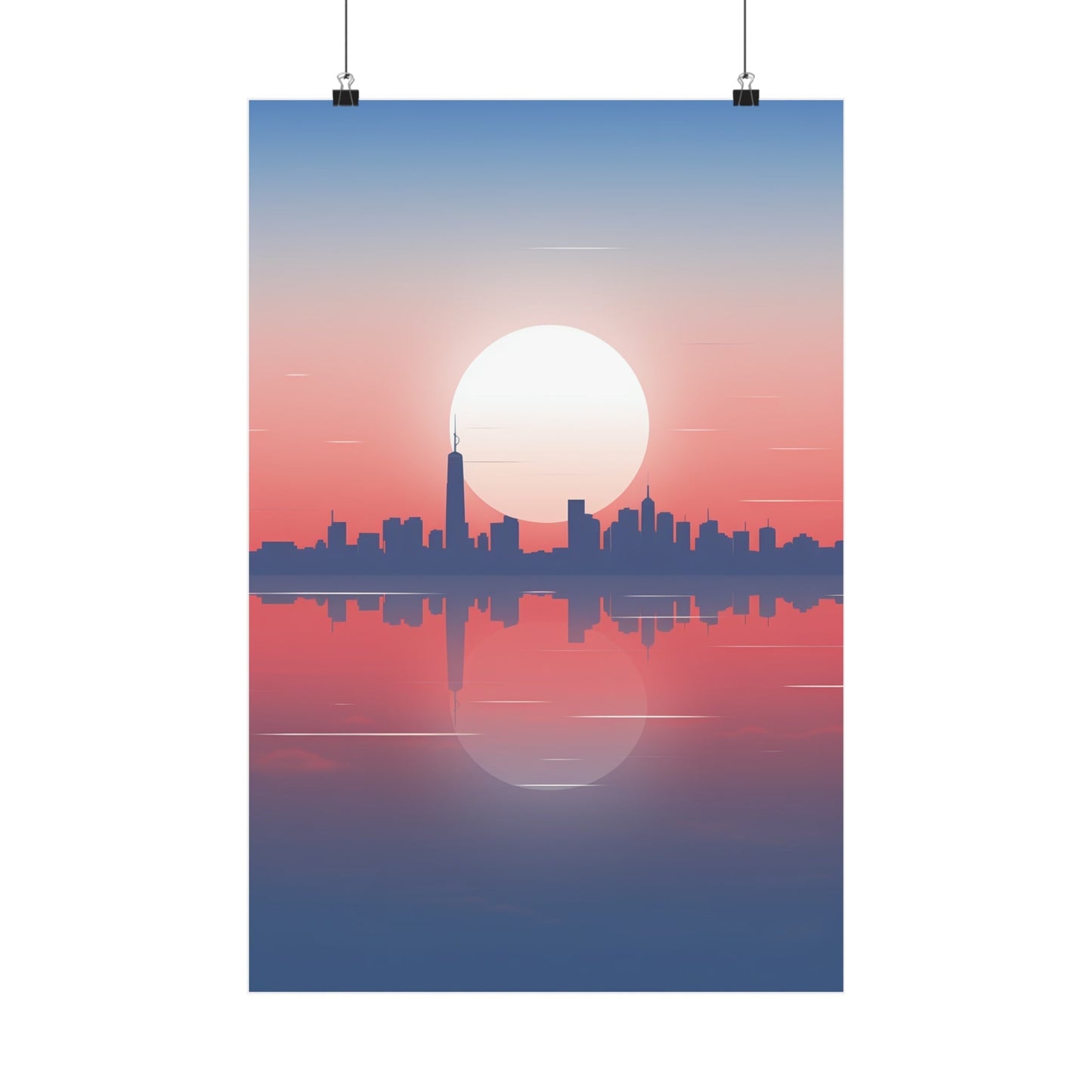 A poster of the city skyline at sunset