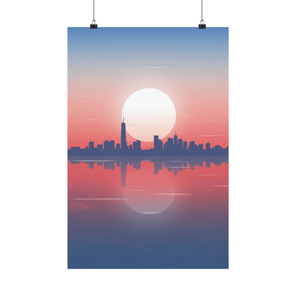 A poster of the city skyline at sunset