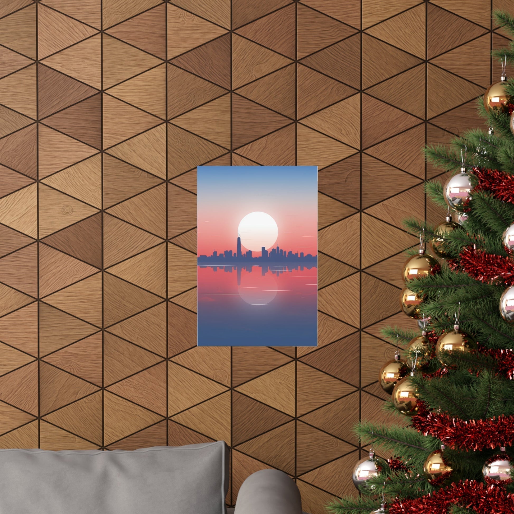 A christmas tree with a picture of a city in the background