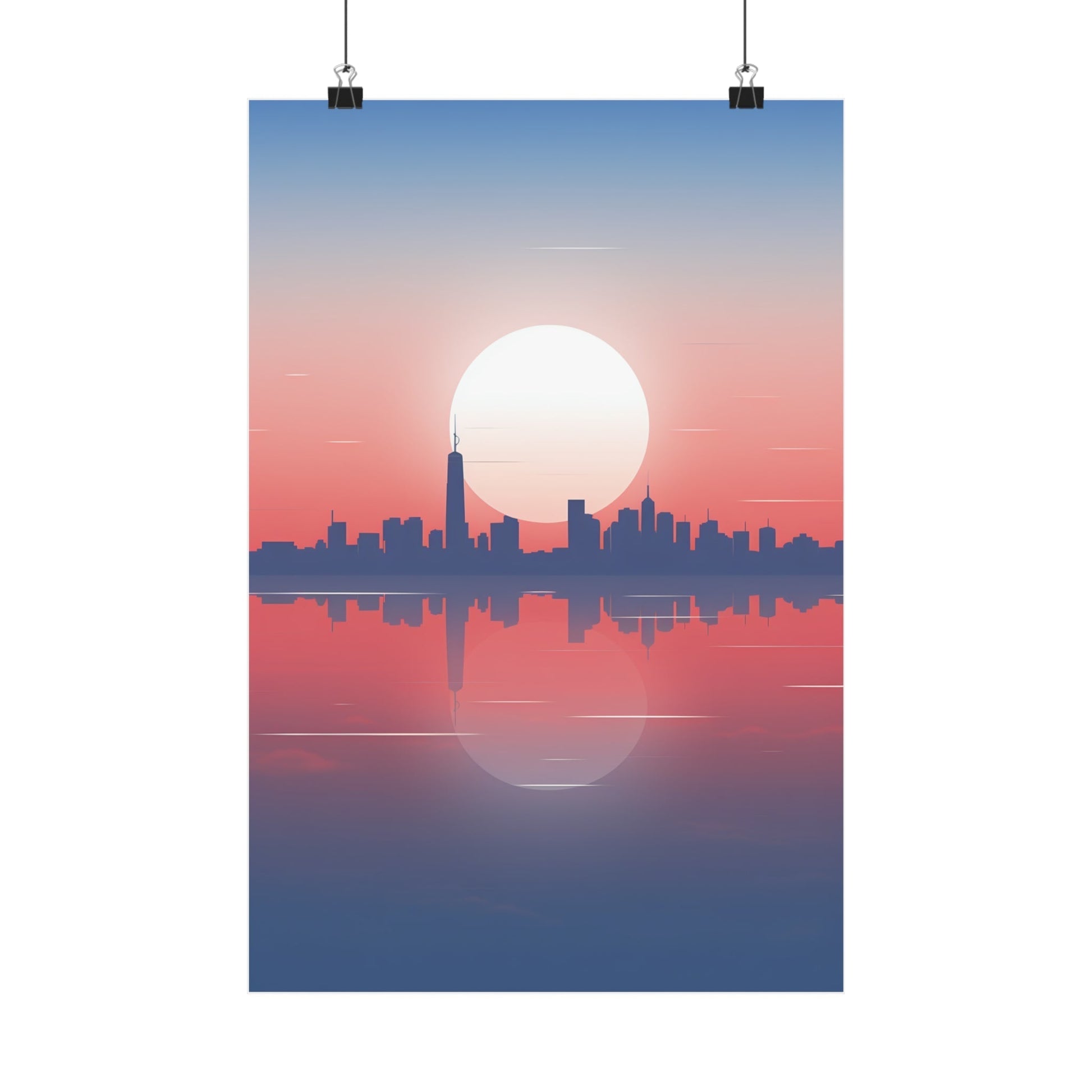 Silhouette of a city skyline reflected in water at sunset.