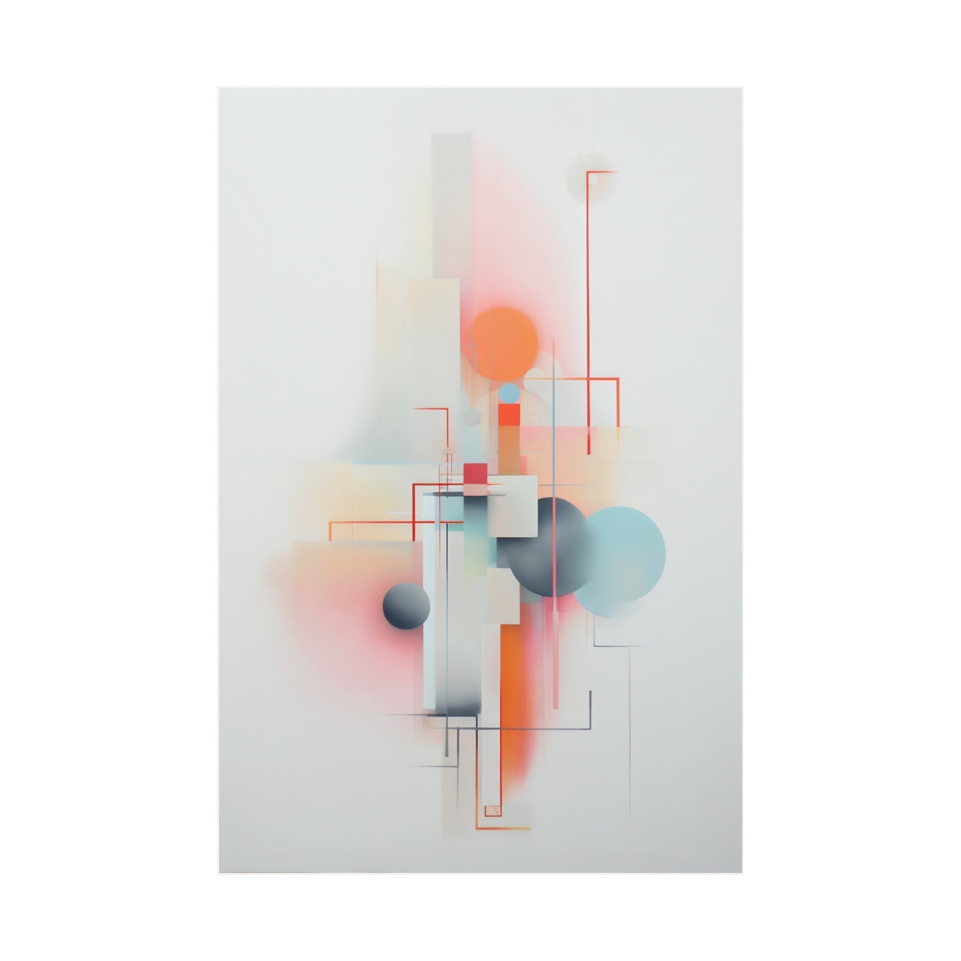 Abstract geometric composition featuring soft-colored shapes and linear elements.