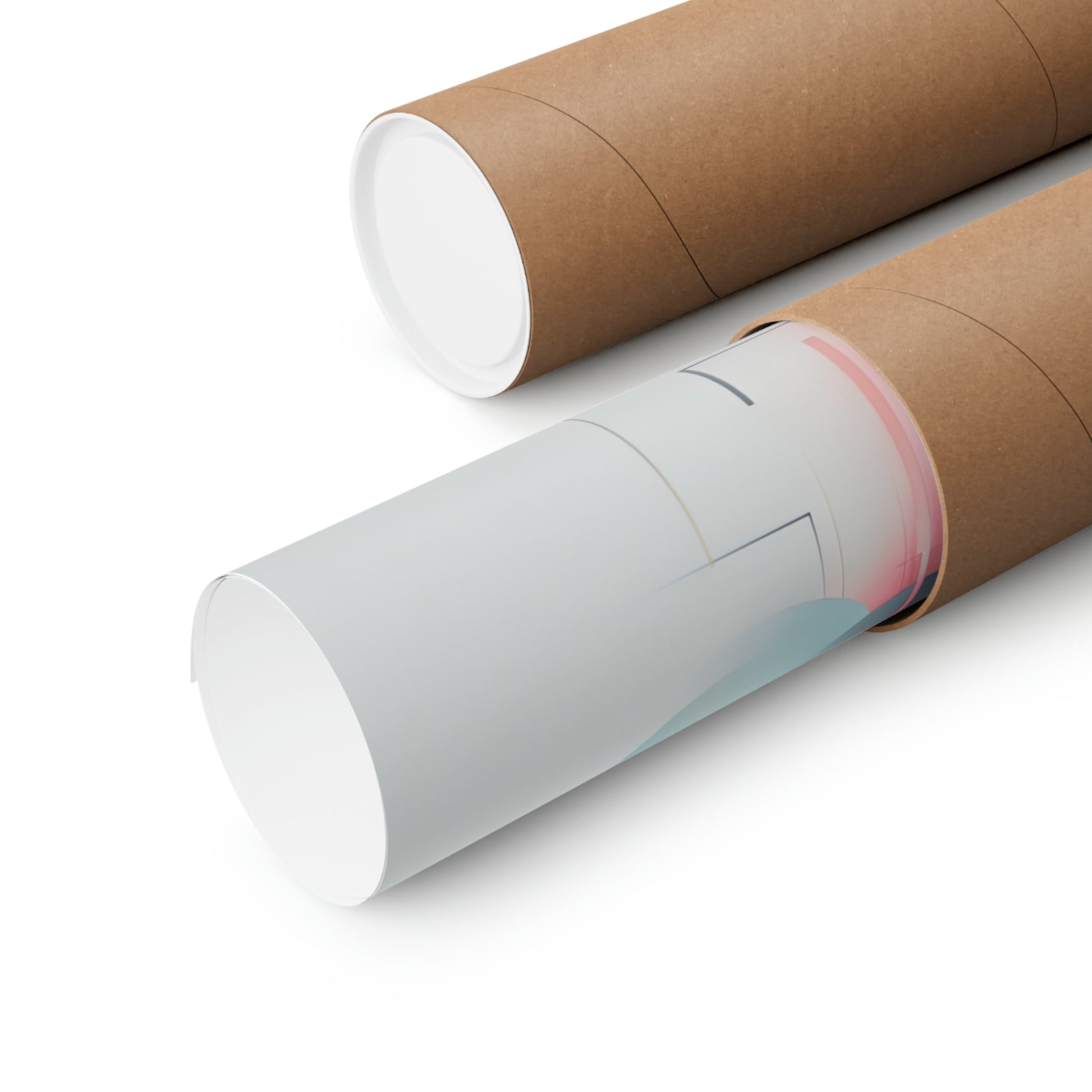 Cylindrical cardboard mailing tubes, one brown and one white with colored markings.