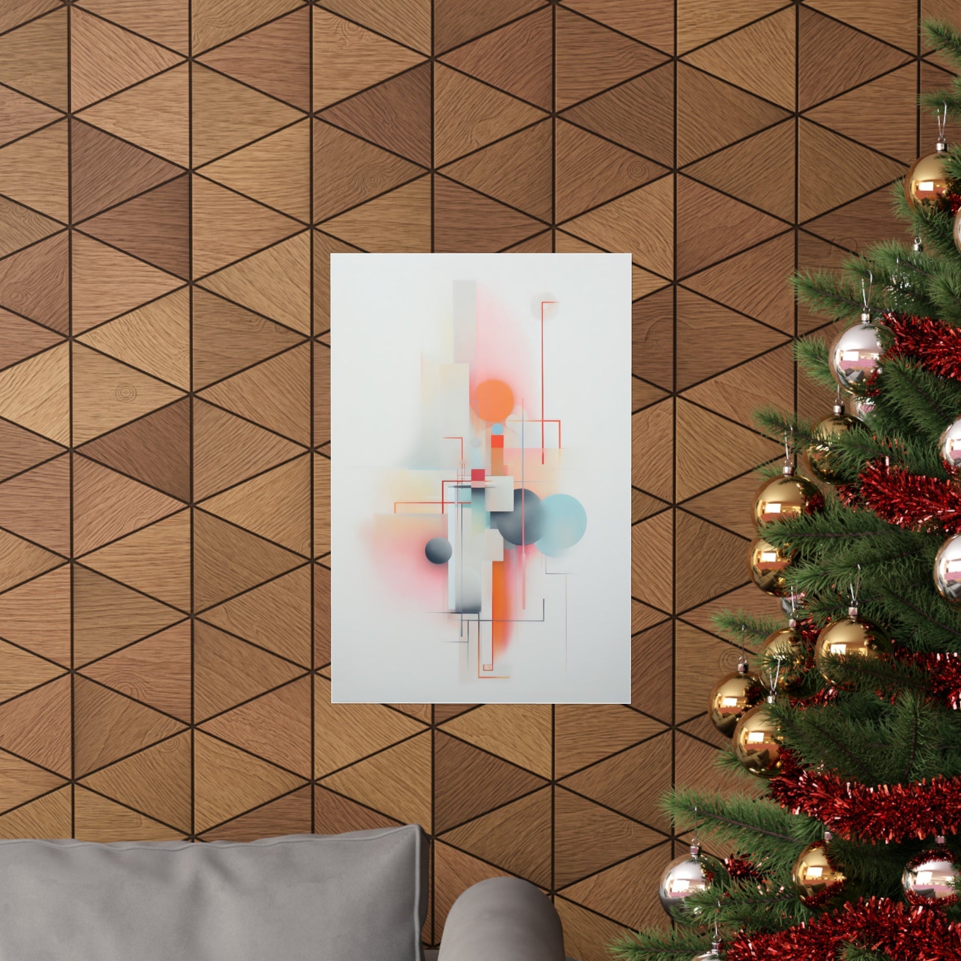 Abstract geometric painting with soft pastel shapes and lines on a white canvas.