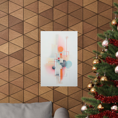 Abstract geometric painting with soft pastel shapes and lines on a white canvas.