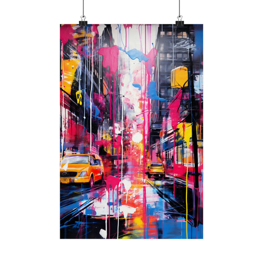 Vibrant abstract painting of a city street with colorful drips and splashes.