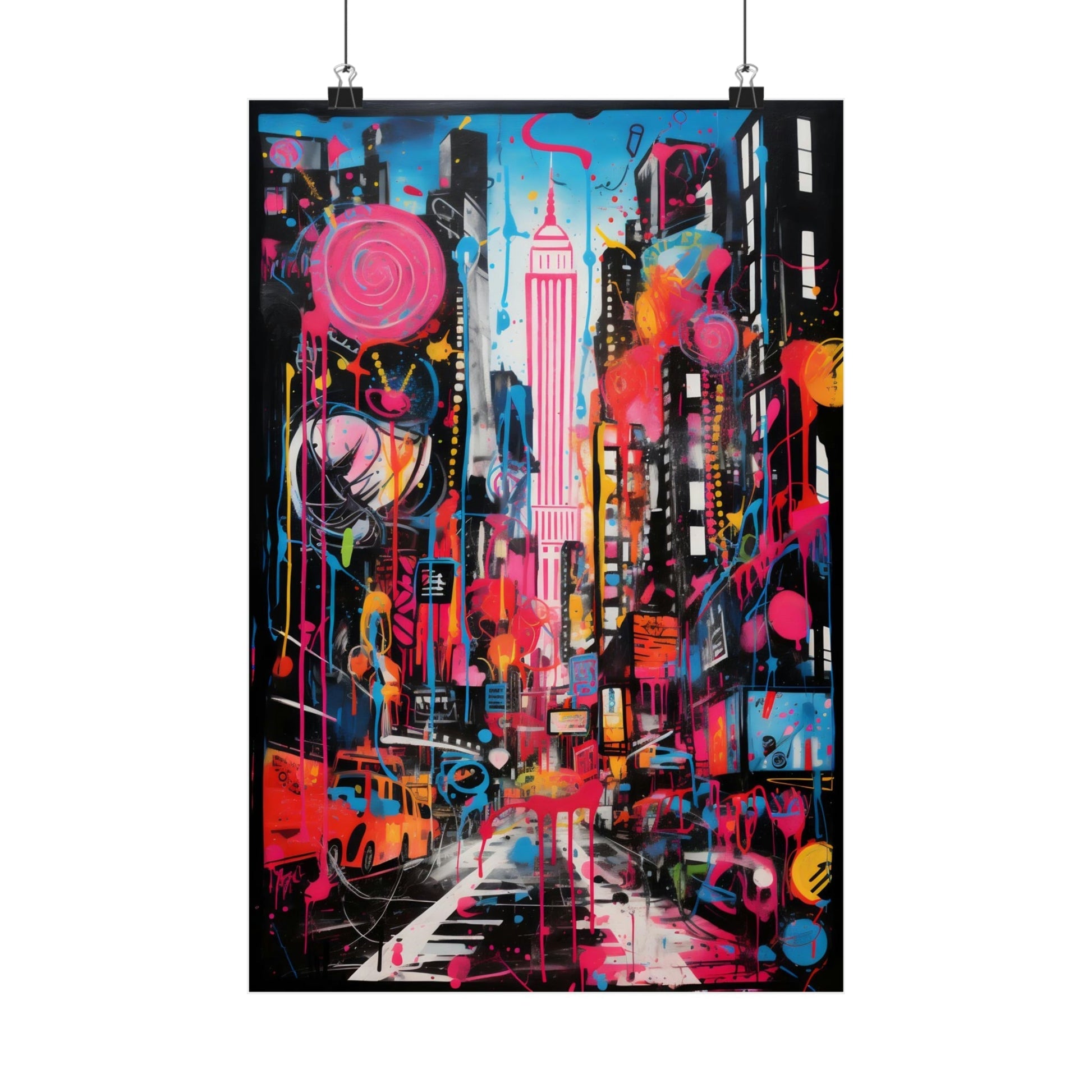 Vibrant, colorful poster depicting a stylized New York City street scene with the Empire State Building as the focal point.