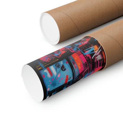 Cardboard mailing tubes, one plain and one with colorful graffiti-style artwork.