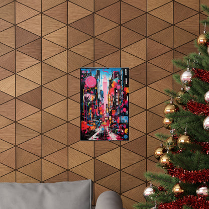 Colorful abstract cityscape painting hanging on a geometric patterned wall.