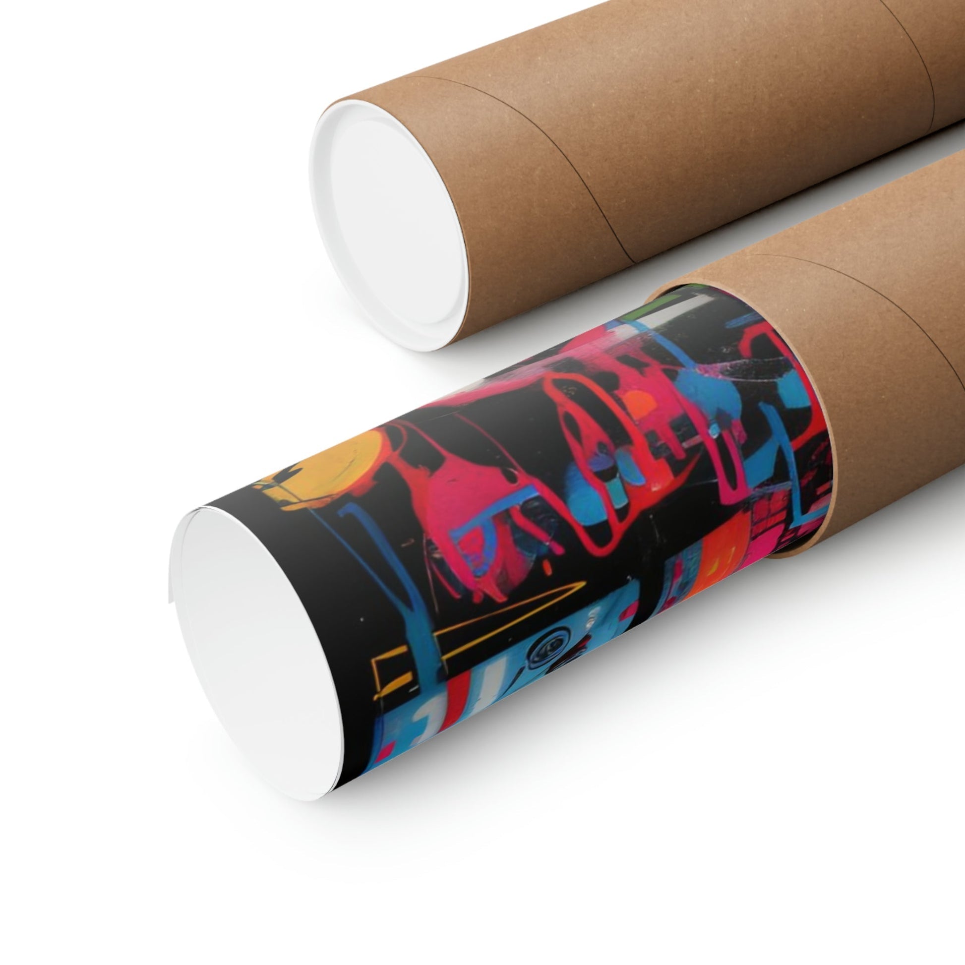 Cardboard mailing tubes, one plain and one with colorful graffiti-style artwork wrapped around it.