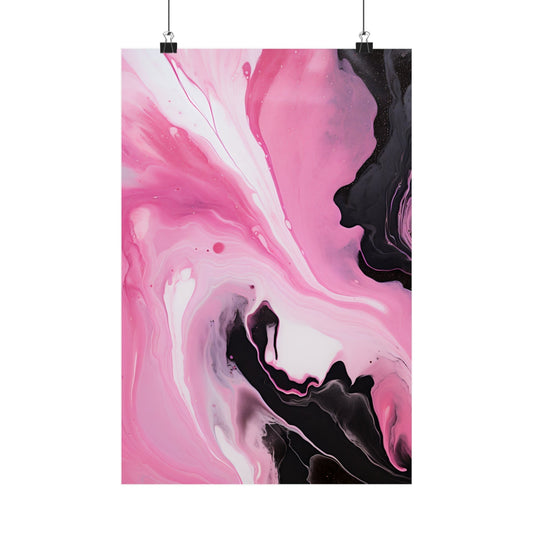 Abstract painting with swirling pink, white, and black fluid patterns.