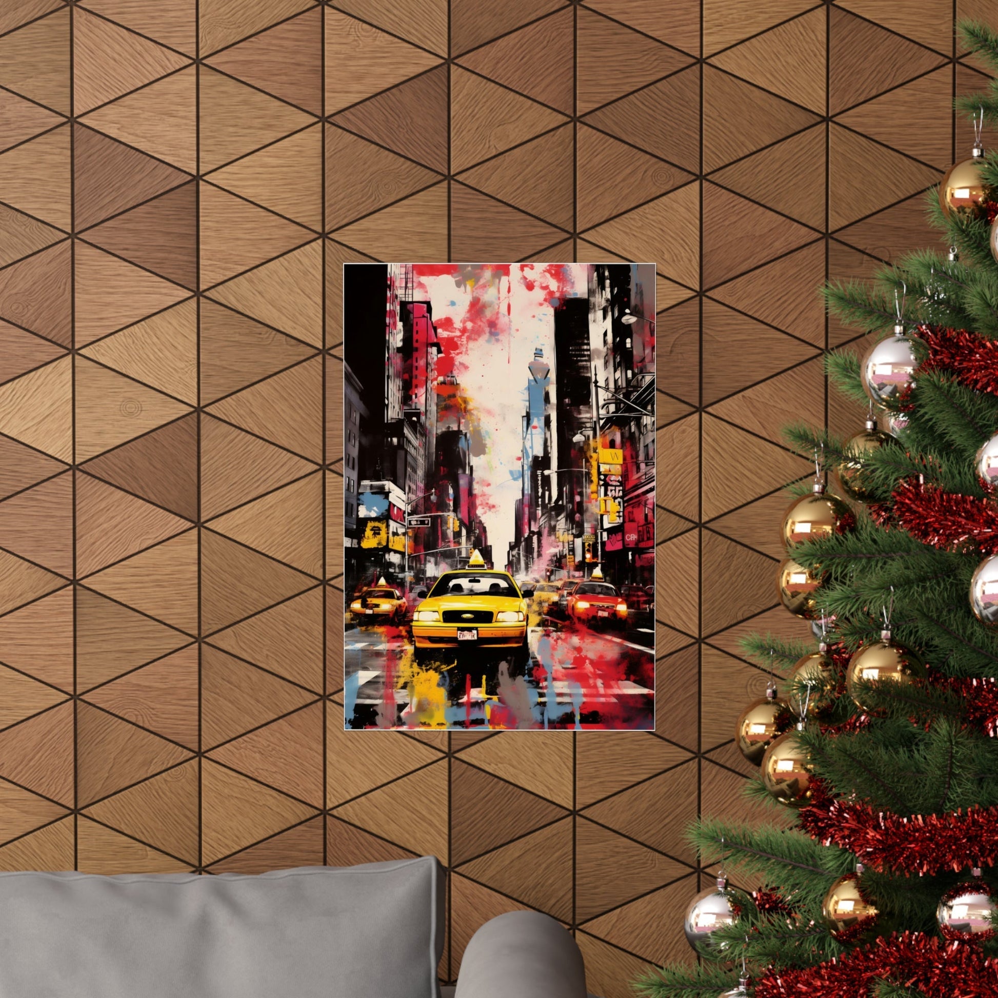 Colorful painting or print of a bustling city street scene with yellow taxis.