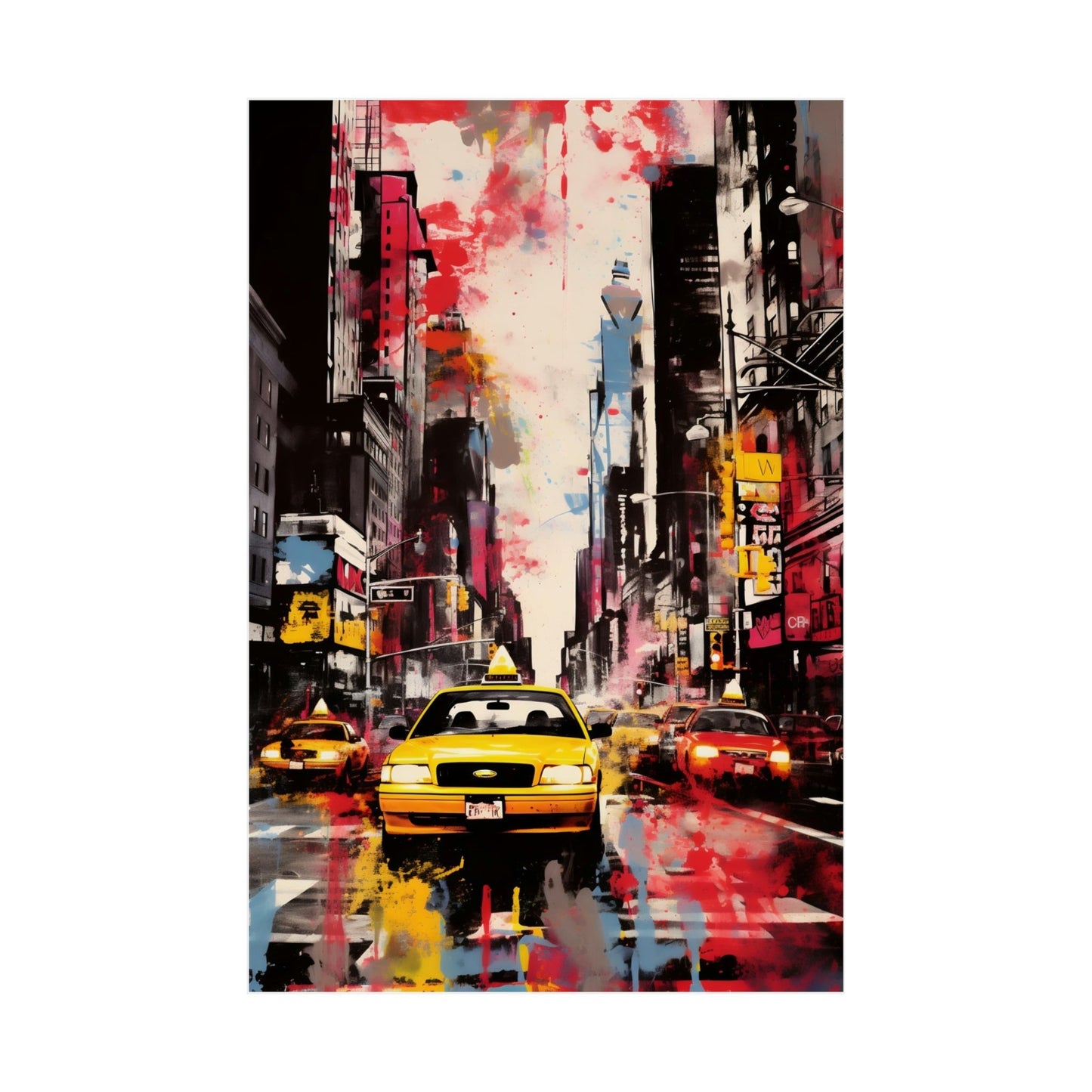 Colorful painting of a busy New York City street scene with yellow taxis.