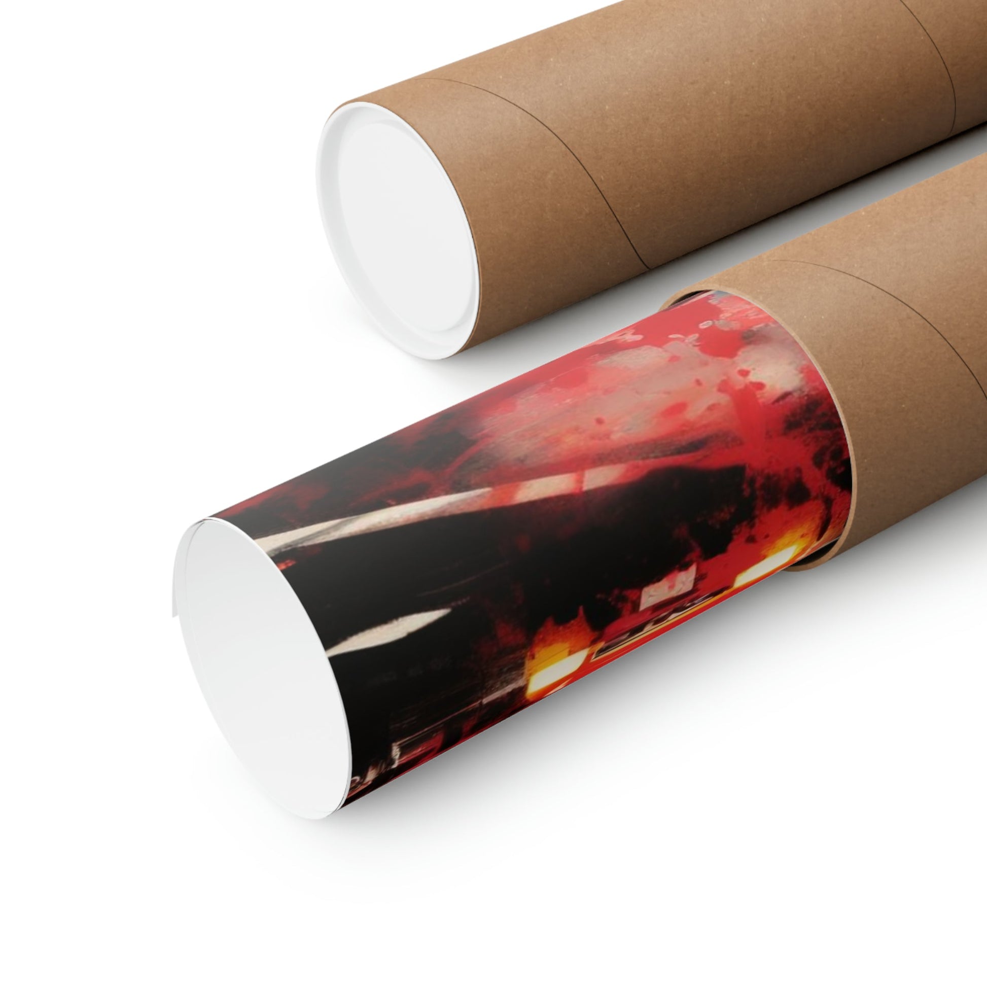 Cardboard mailing tubes, one containing a rolled-up colorful print or poster.