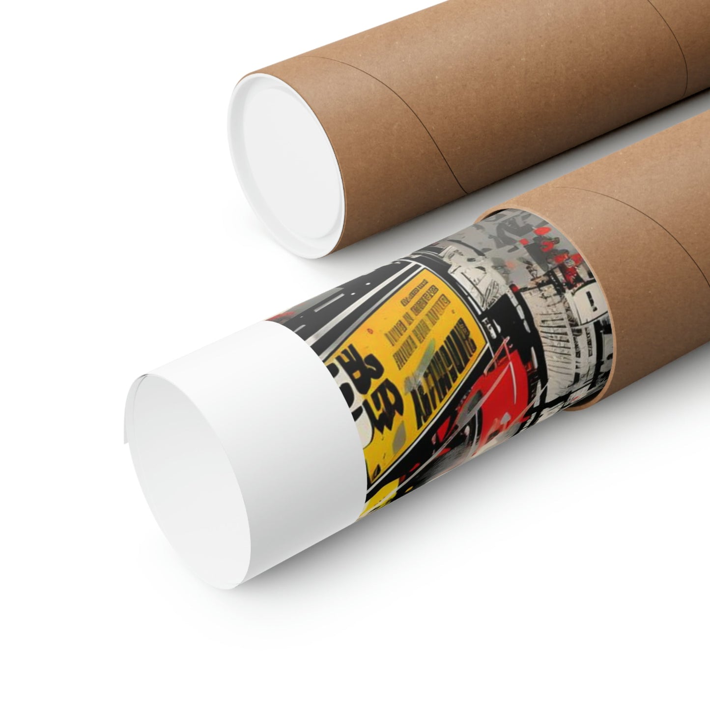 Cardboard mailing tubes, one partially open revealing rolled contents inside.