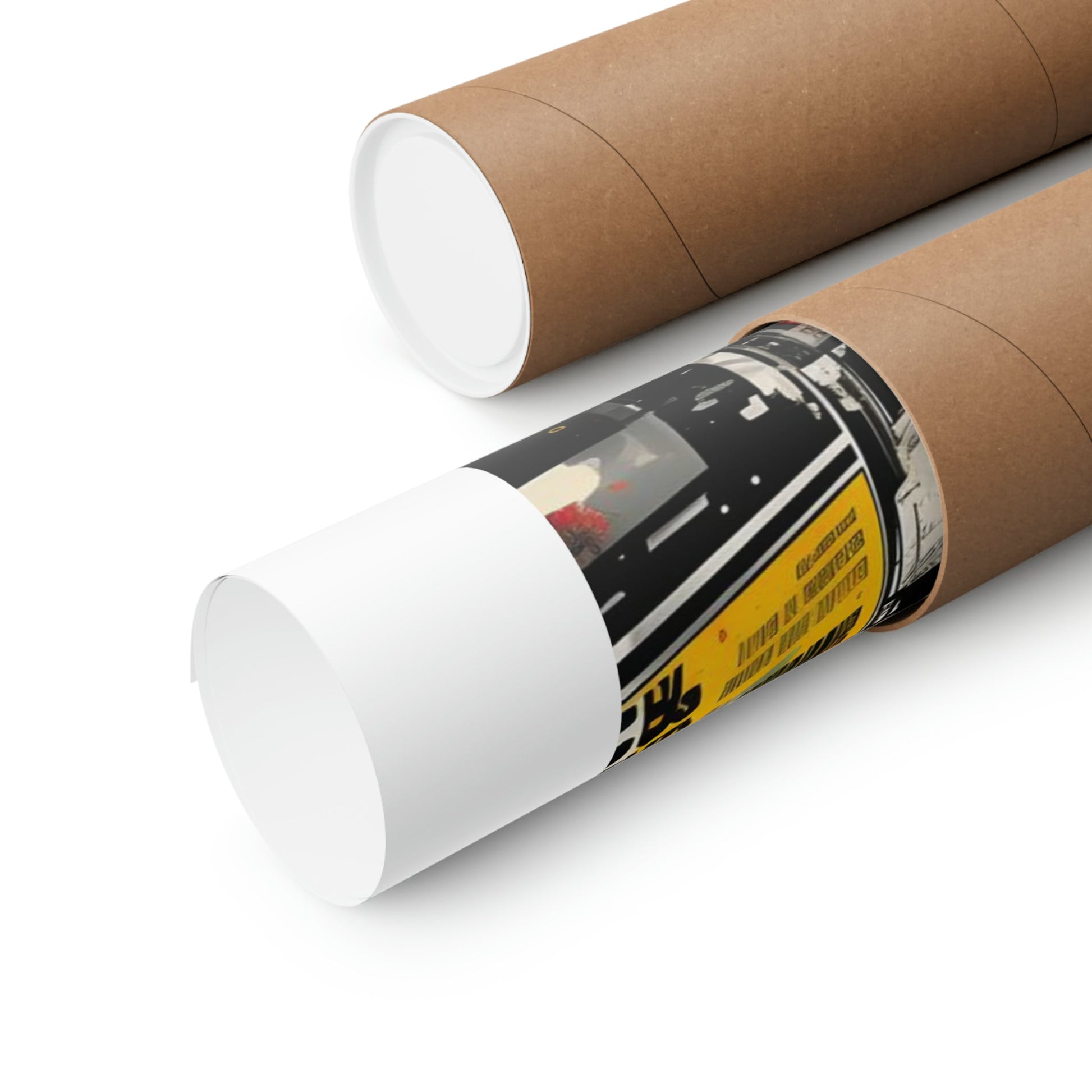 Cardboard mailing tubes with plastic end caps, one partially open revealing a rolled document inside.