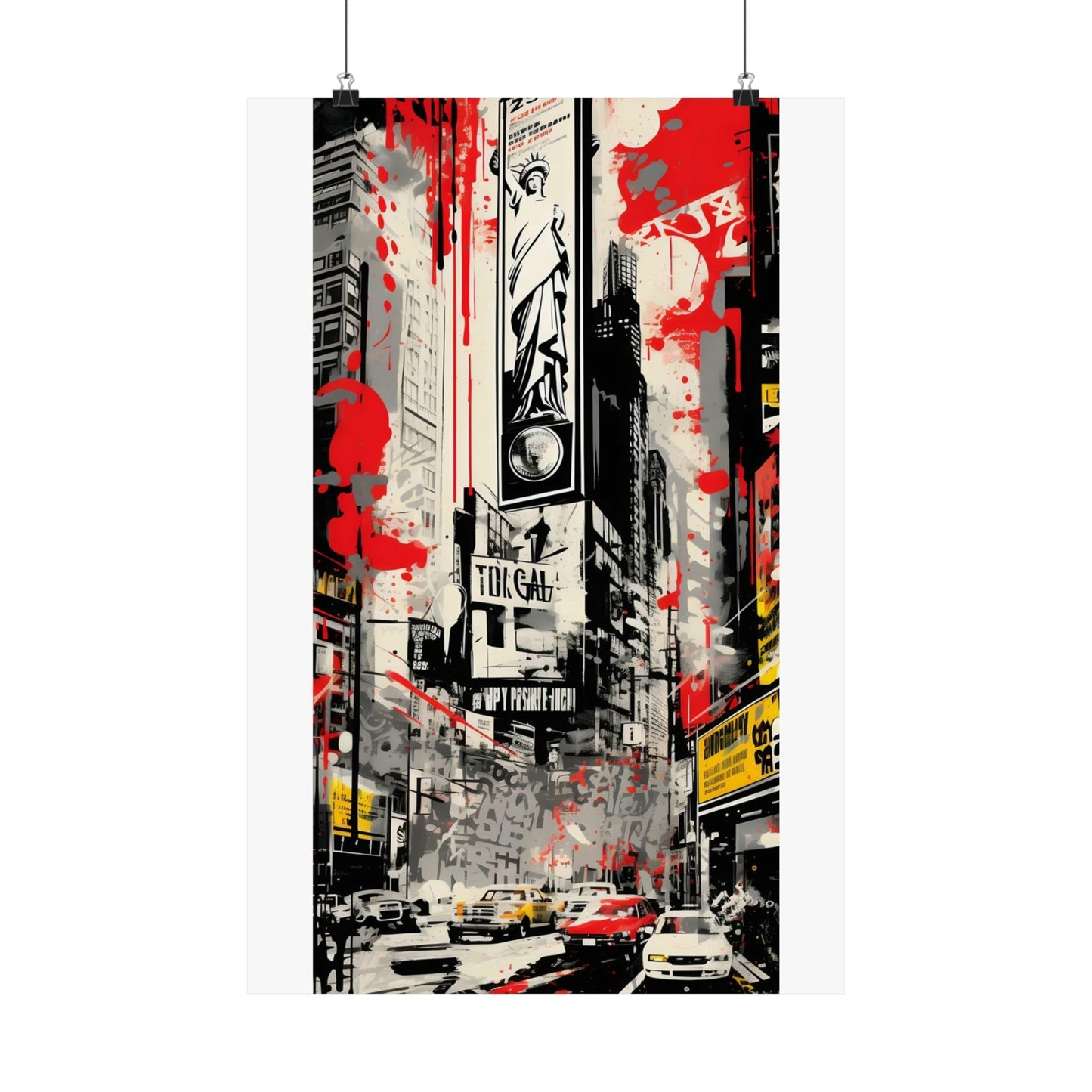 Artistic poster depicting a bustling city street scene with bold red accents.