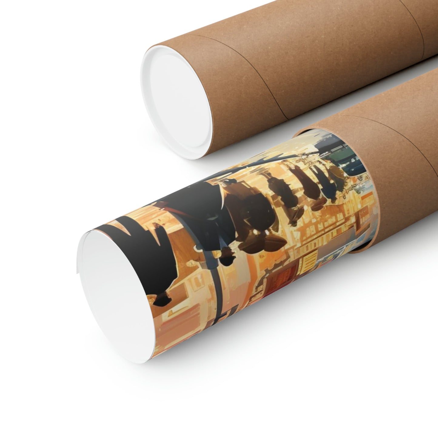 Two rolls of brown paper with a picture of a man and woman