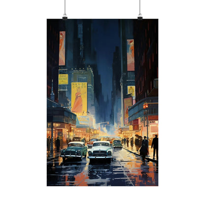 A poster of a city street at night