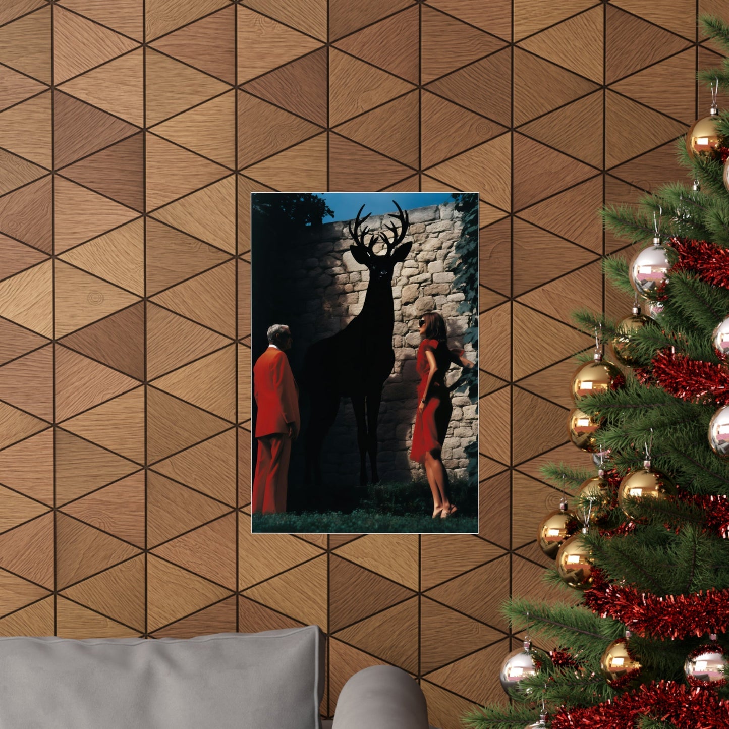 A christmas tree with a picture of a man and woman