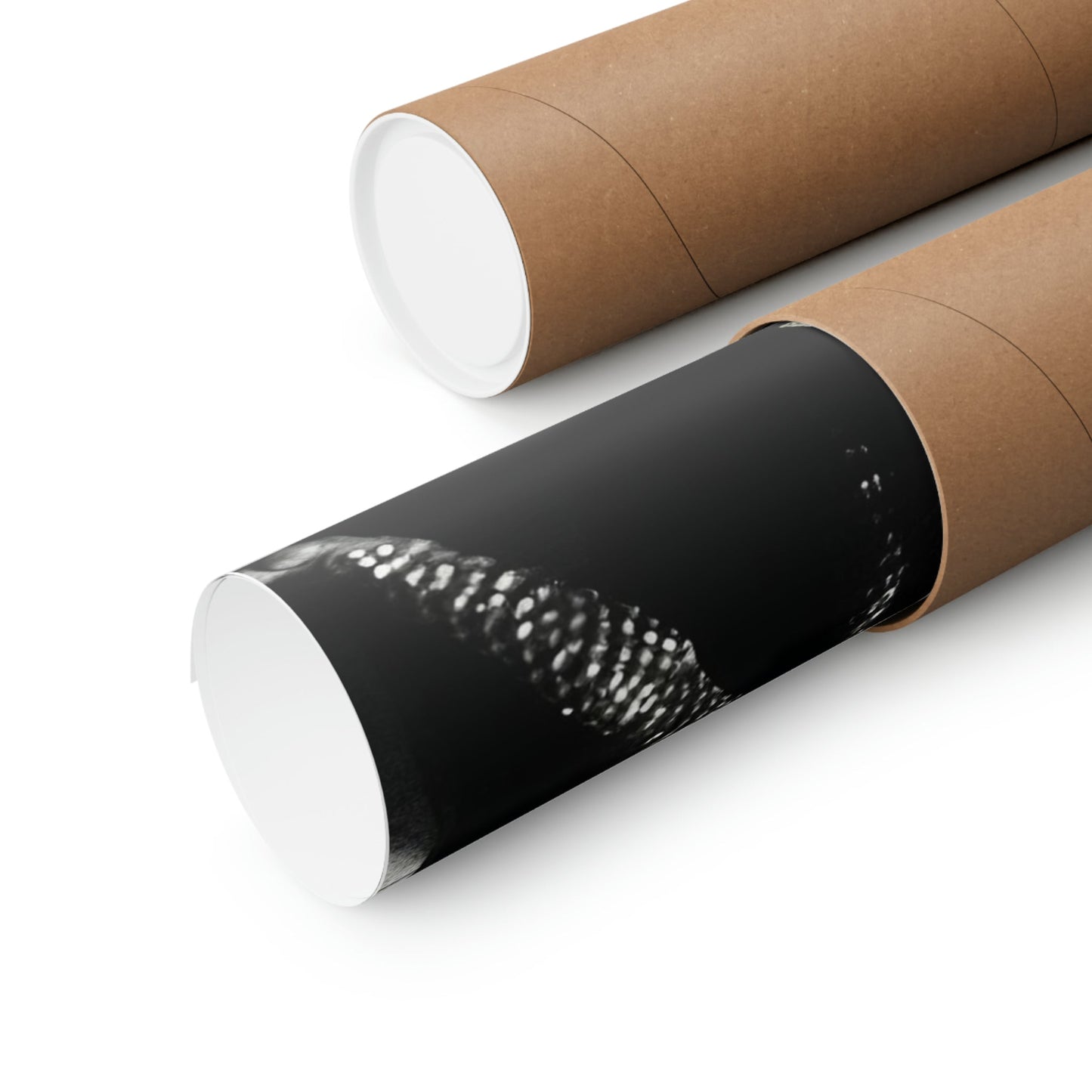 Two rolls of brown paper with black and white images