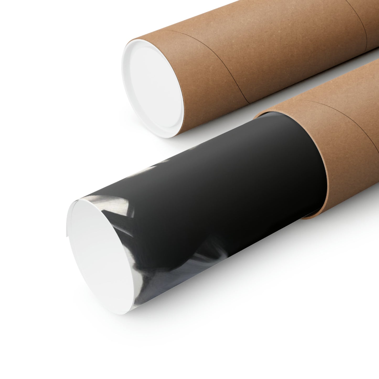 Two rolls of brown paper with black and white paper