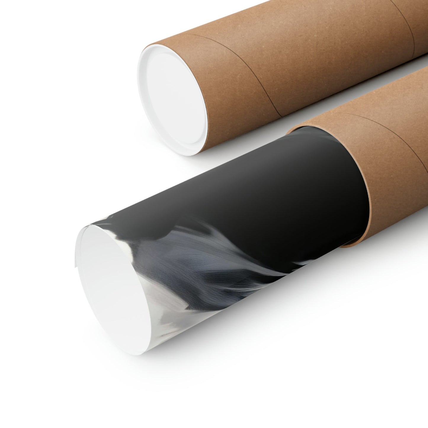 Two rolls of brown paper with black and white ink