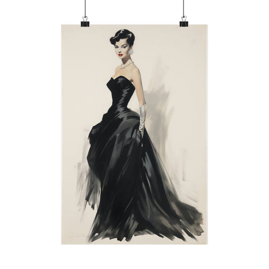 Elegant woman in a flowing black evening gown.