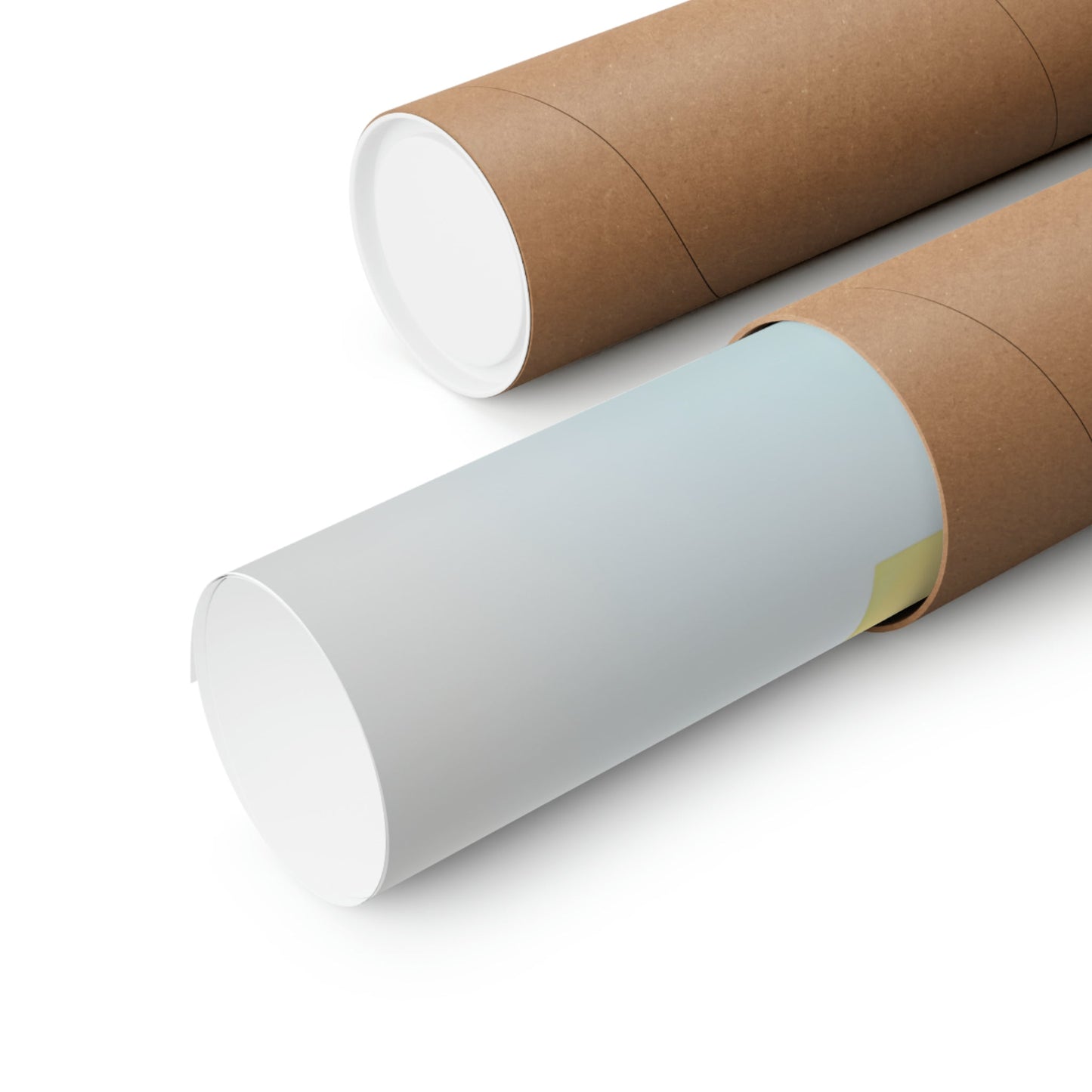 Cardboard mailing tubes or poster tubes, one brown and one white.