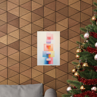 Abstract geometric artwork featuring colorful squares and rectangles on a white canvas.