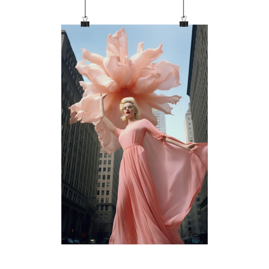 Person wearing an elaborate pink costume with a giant flower-like headdress in an urban setting.