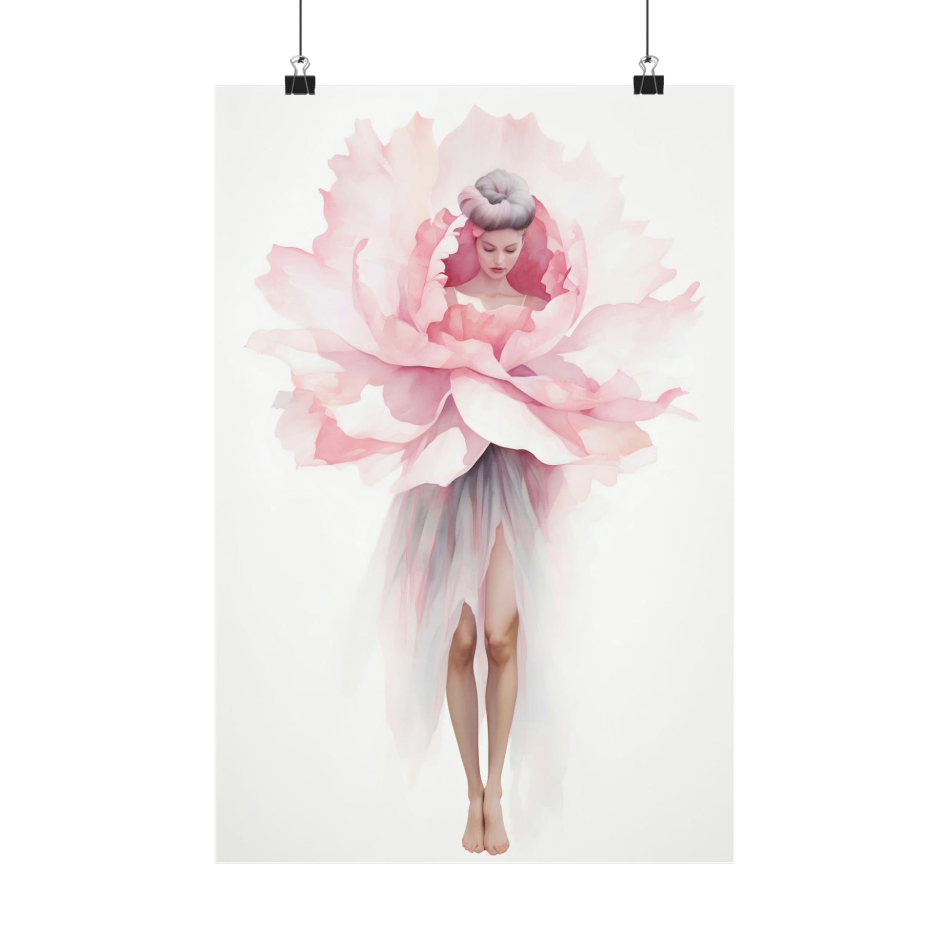 Whimsical illustration of a woman’s figure transformed into a delicate pink peony blossom.