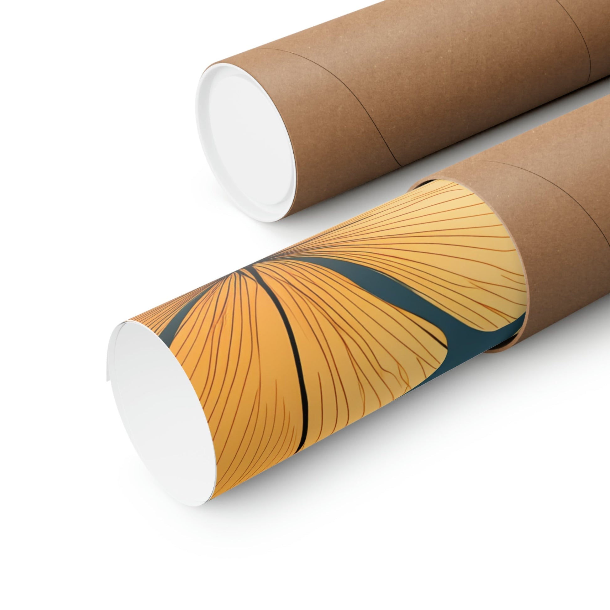 Two rolls of brown paper with a yellow and blue design