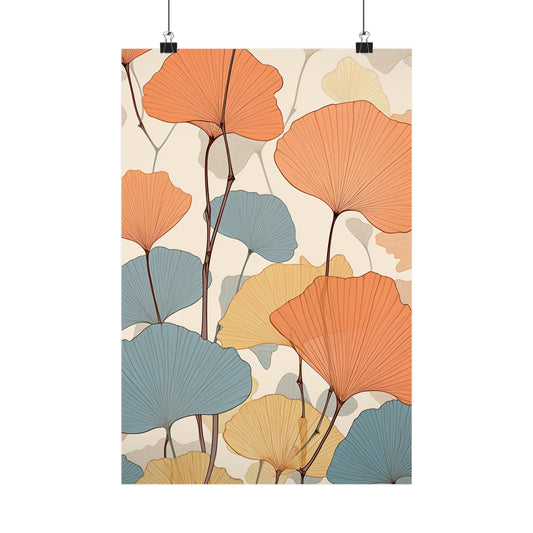 Artistic print featuring stylized ginkgo leaves in muted orange, blue, and yellow tones.