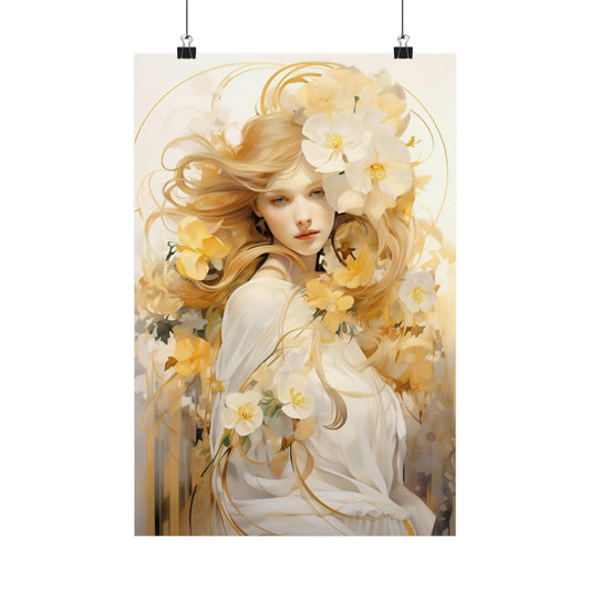 Ethereal painting of a woman with flowing golden hair surrounded by delicate white flowers.