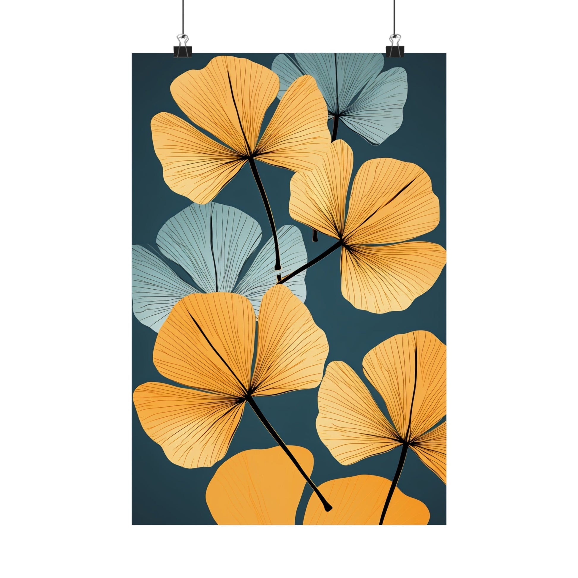 Artistic print featuring stylized ginkgo leaves in yellow and blue-green tones.