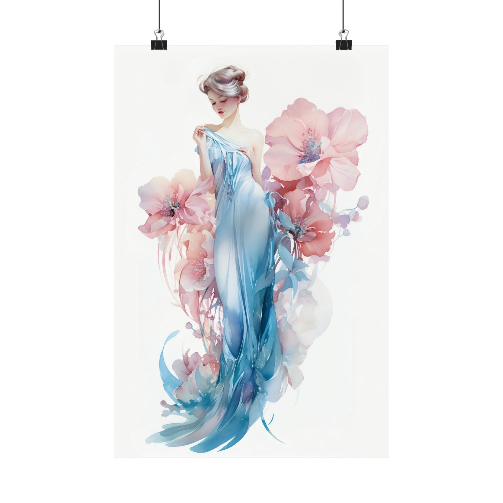 Elegant woman in a flowing blue gown surrounded by pink floral elements in a watercolor style.