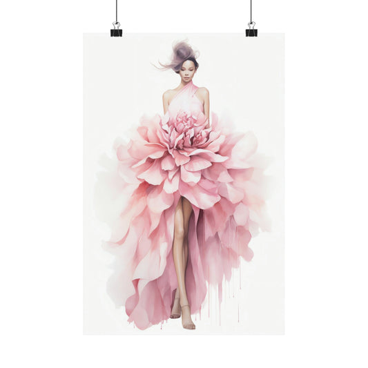 Elegant fashion illustration of a woman wearing a dress resembling a blooming pink peony flower.