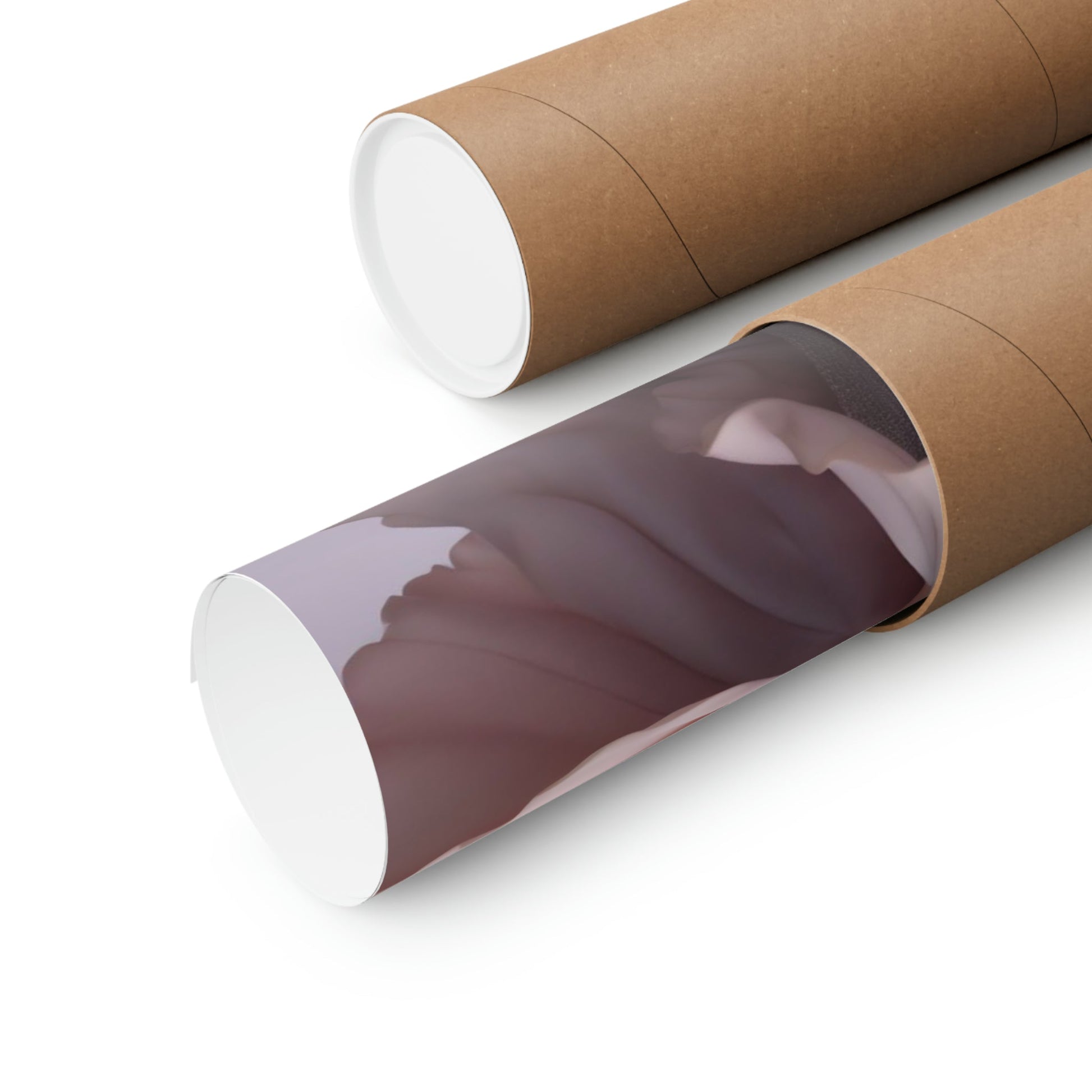 Cardboard mailing tubes, one open to reveal a rolled document or print inside.