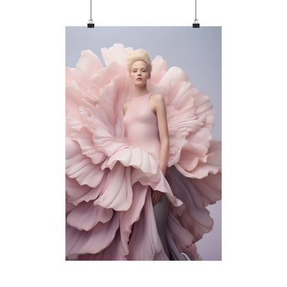 Woman wearing an elaborate pink gown resembling giant flower petals.