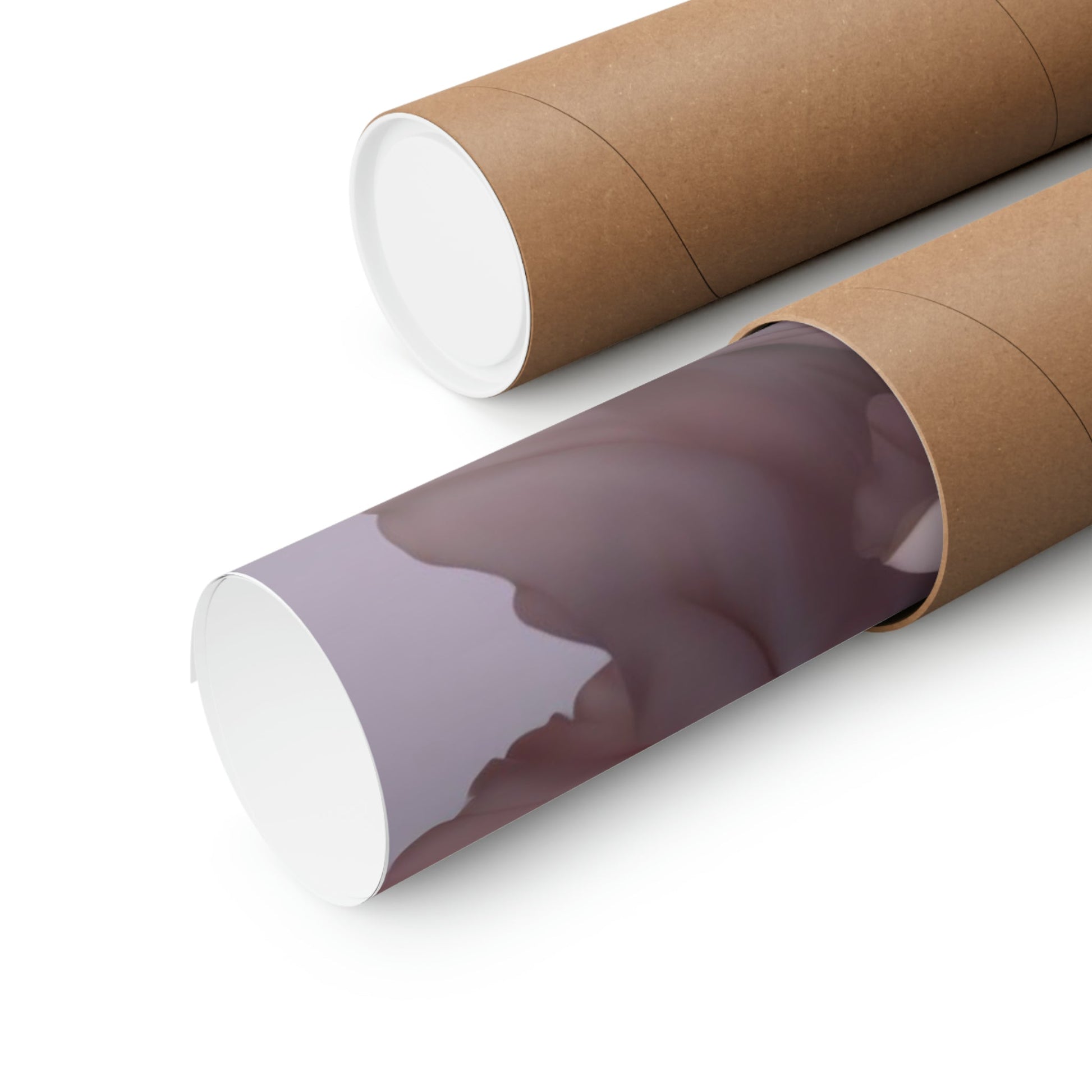 Cardboard mailing tubes, one partially covered with a purple-brown wrapper.